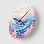 Whimsical Blue and Pink Whale Art Runde Wanduhr (Winkel)