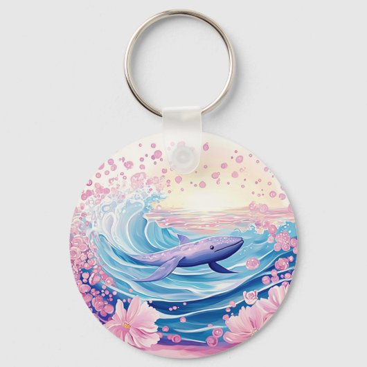 Whimsical Blue and Pink Whale Art Schlüsselanhänger (Vorderseite)