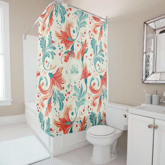 Whimsical Blue and Red Paisley Leaf Muster Duschvorhang (Beispiel)