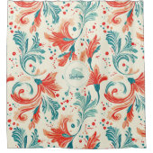 Whimsical Blue and Red Paisley Leaf Muster Duschvorhang (Vorderseite)