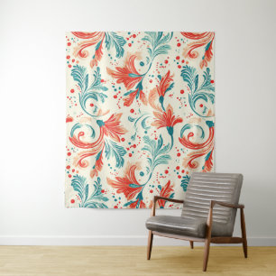 Whimsical Blue and Red Paisley Leaf Muster Wandteppich