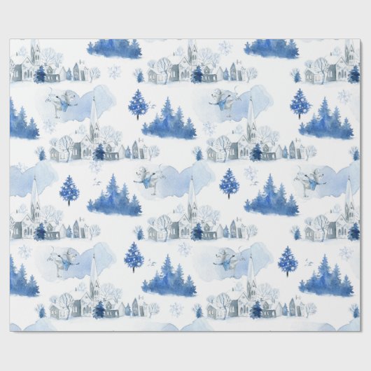 Whimsical Blue and White Mouse Village Geschenkpapier (Flach)