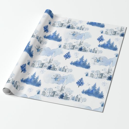 Whimsical Blue and White Mouse Village Geschenkpapier (Ungerollt)