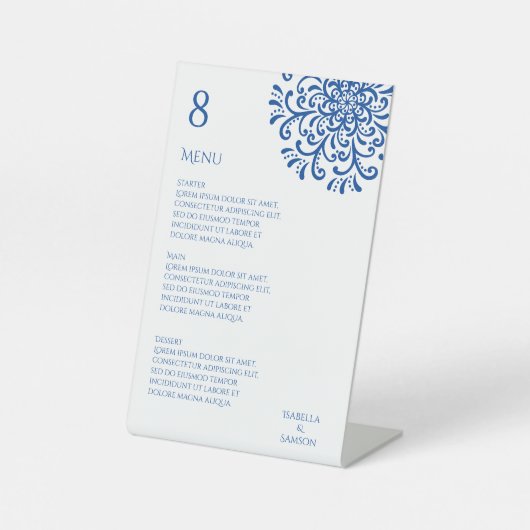 Whimsical Blue Blüh Wedding Menu Sockelschild (Vorderseite)