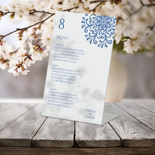 Whimsical Blue Blüh Wedding Menu Sockelschild