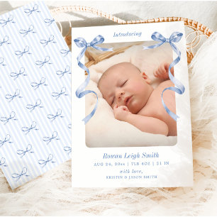 Whimsical Blue Bows Baby Birth Ankündigung