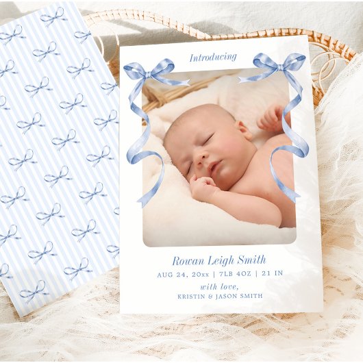 Whimsical Blue Bows Baby Birth Ankündigung