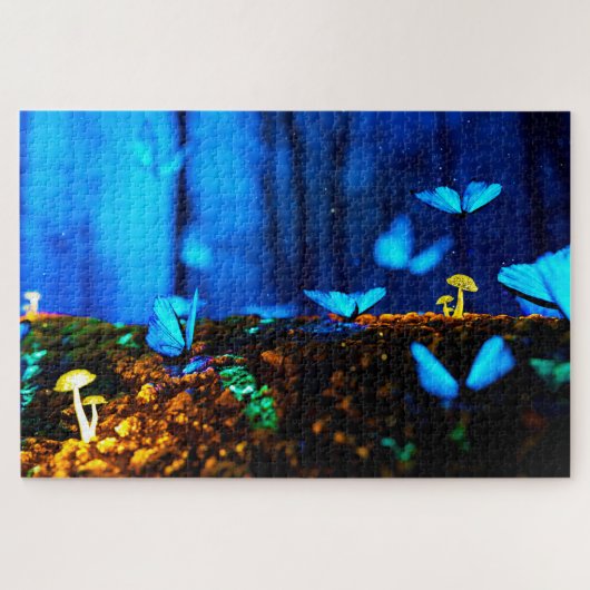 Whimsical Blue Butterfets Mushroom Forest Puzzle (Horizontal)