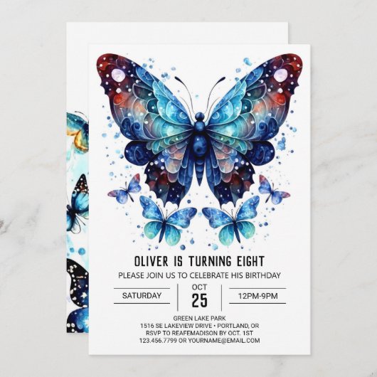 Whimsical Blue Butterfly Junge Geburtstag Einladung (Vorne/Hinten)