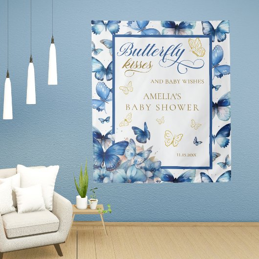 Whimsical Blue Butterfly Kisses Baby Dusche Party Wandteppich