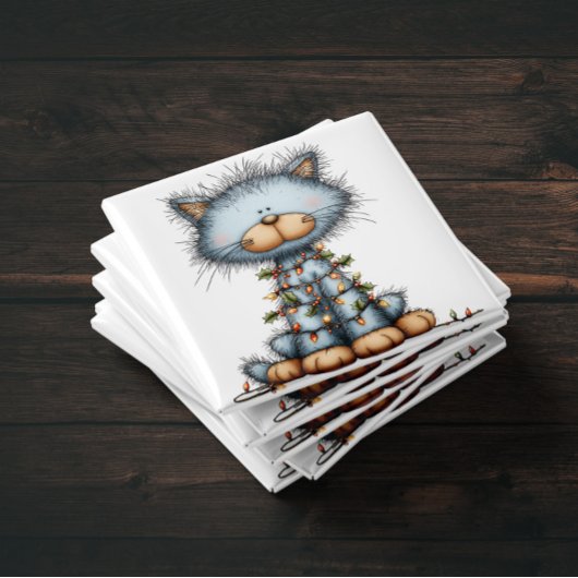 Whimsical Blue Cat Christmas Tree Magnet