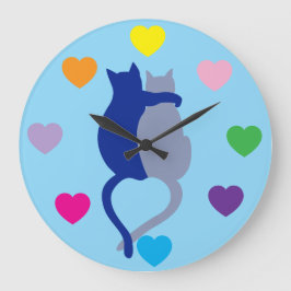 Whimsical Blue Cat Clock with Rainbow Hearts Große Wanduhr