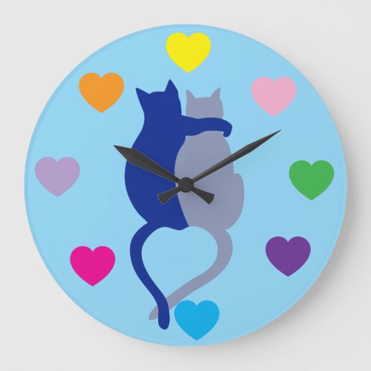 Whimsical Blue Cat Clock with Rainbow Hearts Große Wanduhr (Vorderseite)