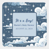 Whimsical Blue Celestial Custom Baby Shower Quadratischer Aufkleber (Vorderseite)