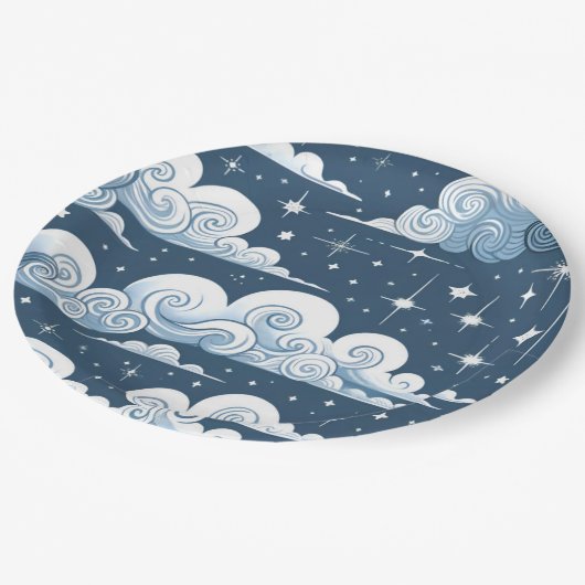 Whimsical Blue Celestial Pappteller (Schrägansicht)