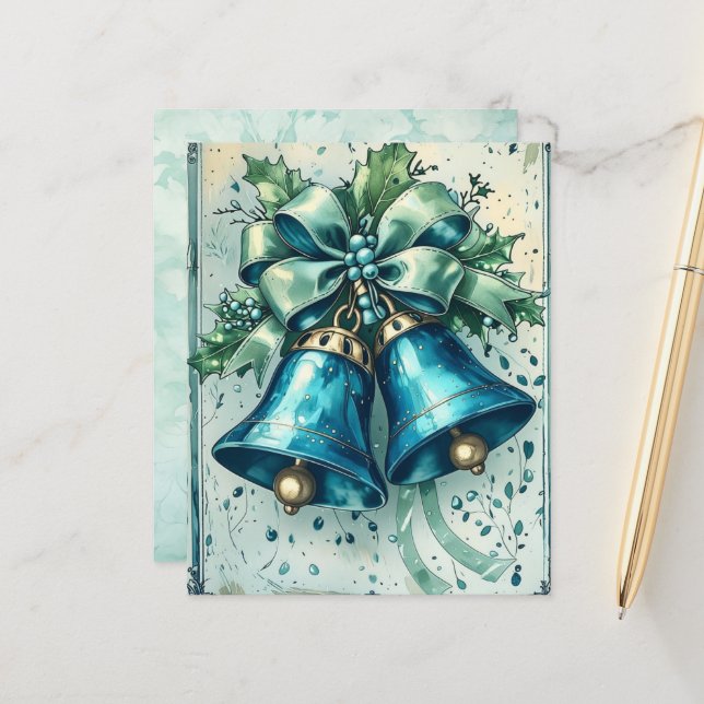 Whimsical Blue Christmas Bells Scrapbook Paper (Vorderseite/Rückseite Beispiel)