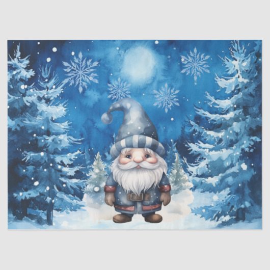 Whimsical Blue Christmas Gnome & Snowflakes Seidenpapier (Vorderseite)