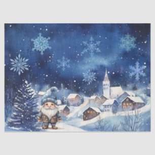 Whimsical Blue Christmas Gnome & Snowflakes Seidenpapier