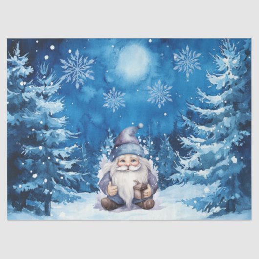 Whimsical Blue Christmas Gnome & Snowflakes Seidenpapier (Vorderseite)