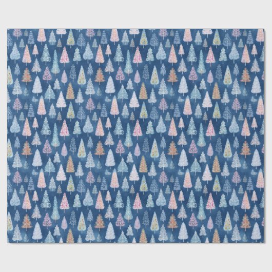 Whimsical Blue Christmas Trees Wrapping Paper Geschenkpapier (Flach)