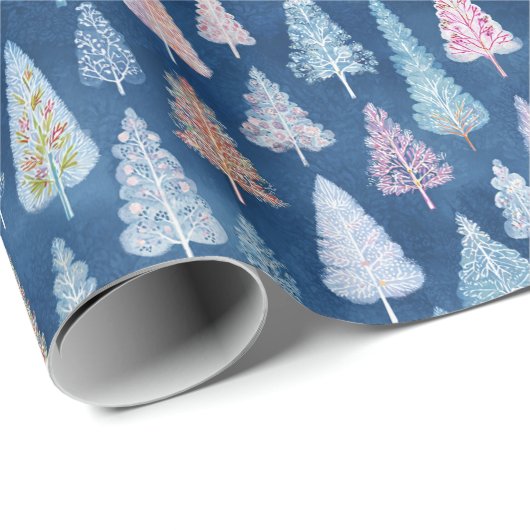 Whimsical Blue Christmas Trees Wrapping Paper  Geschenkpapier (Rolleneckpunkt)