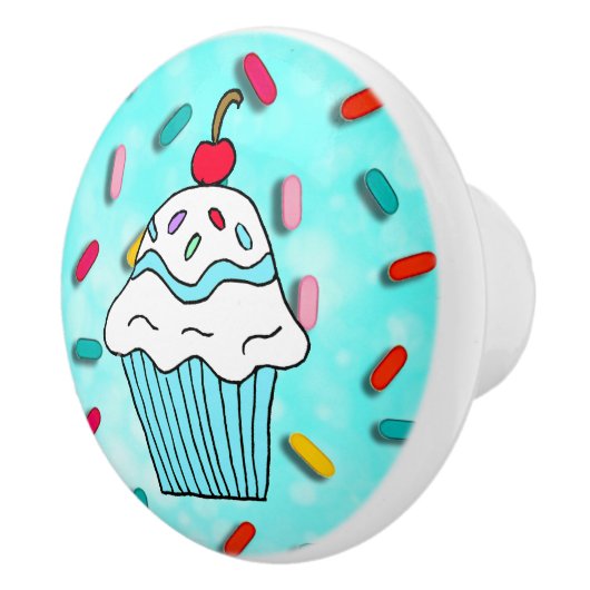 Whimsical Blue Cupcake mit Cherry oben Keramikknauf (Rechts)