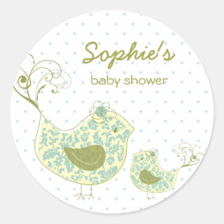 Whimsical Blue Damask Mommy Bird & Boy Baby Dusche Runder Aufkleber