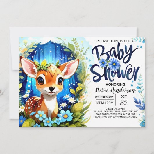 Whimsical Blue Deer Theme Baby Dusche Einladung (Vorderseite)