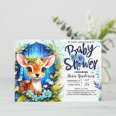 Whimsical Blue Deer Theme Baby Dusche Einladung (Stehend Vorderseite)