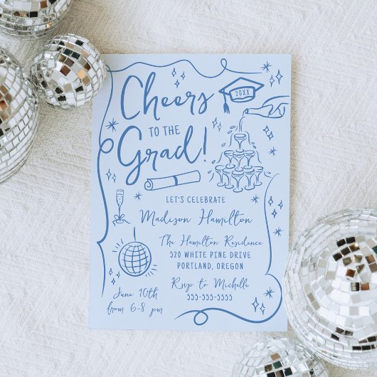 Whimsical Blue Doodles Foto Graduation Party Einladung