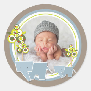 Whimsical Blue Elephants Family Baby Boy Foto Runder Aufkleber