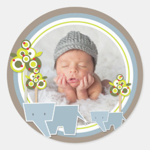 Whimsical Blue Elephants Family Baby Boy Foto Runder Aufkleber