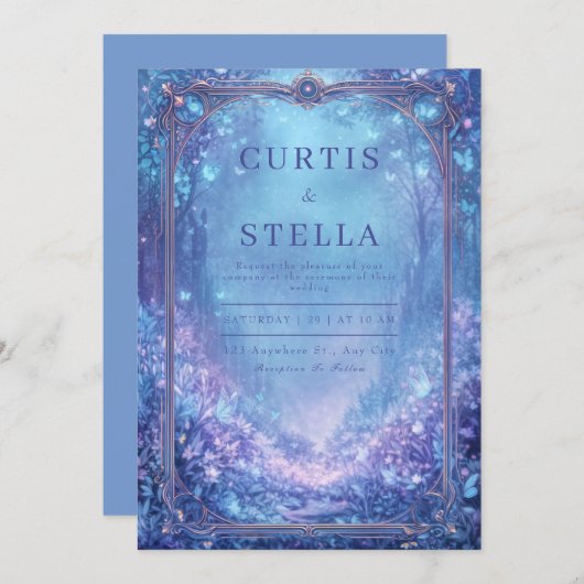 Whimsical Blue Enchanted Forest Wedding Einladung (Vorne/Hinten)