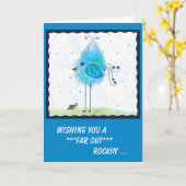 Whimsical Blue Far-out Bird Birthday Card Karte (Gelbe Blume)