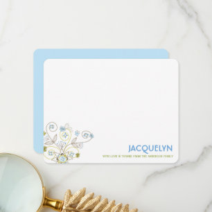 Whimsical Blue Floral Blooms Chic Boy Baby Dusche Dankeskarte