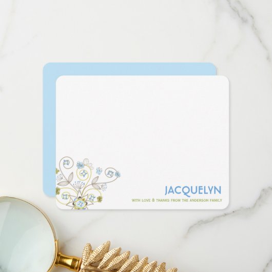 Whimsical Blue Floral Blooms Chic Boy Baby Dusche Dankeskarte (Vorderseite/Rückseite Beispiel)