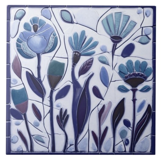 Whimsical Blue Floral Blume Fliese (Vorderseite)