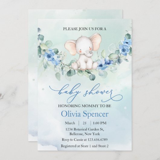 Whimsical Blue Floral Elephant Baby Dusche Einladung (Vorne/Hinten)