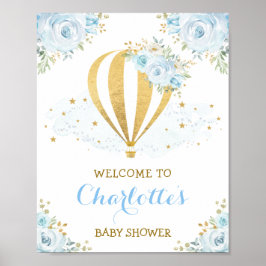 Whimsical Blue Floral Hot Air Ballon Willkommen Poster