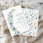 Whimsical Blue Floral Wreath Save the Date Einladung