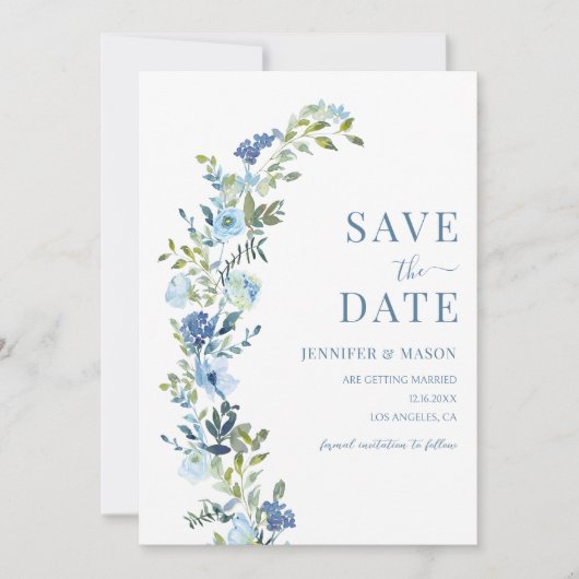Whimsical Blue Floral Wreath Save the Date Foto Einladung (Vorderseite)