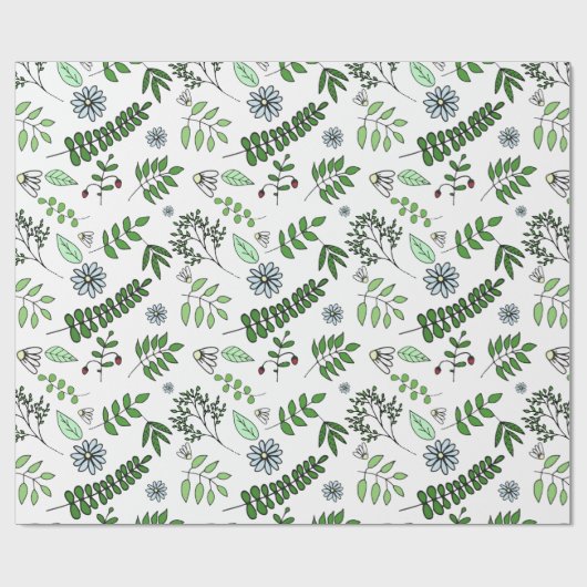 Whimsical Blue Flowers and Forest Blätter Geschenkpapier (Flach)