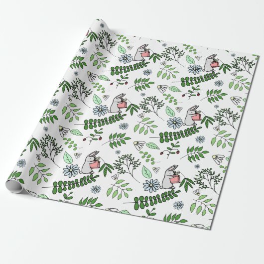 Whimsical Blue Flowers Kanbit and Forest Blätter Geschenkpapier (Ungerollt)