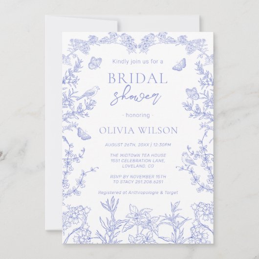 Whimsical Blue Garden Chinoiserie Brautparty Einladung (Vorderseite)