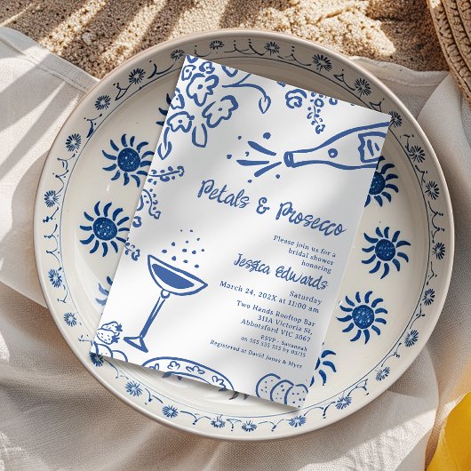 Whimsical Blue Gezeichnet Petal Prosecco Brautpart Einladung