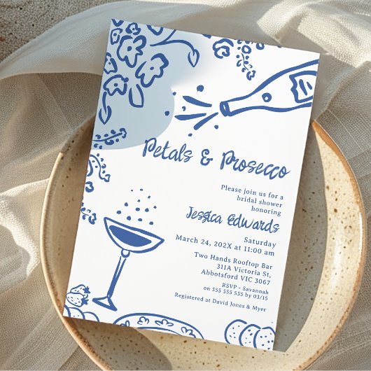 Whimsical Blue Gezeichnet Petal Prosecco Brautpart Einladung