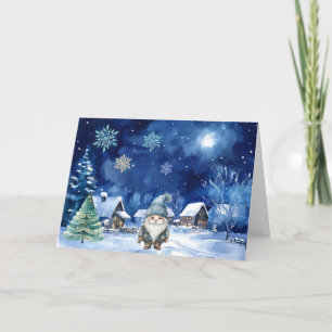 Whimsical Blue Gnome & Snowflakes Weihnachtskarte Feiertagskarte