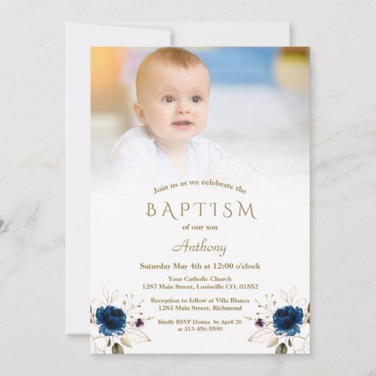 Whimsical Blue Gold Blume Foto Boy Baptisk Inv Einladung (Vorderseite)