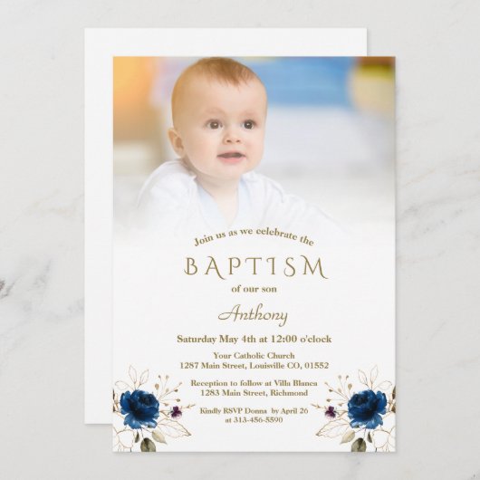 Whimsical Blue Gold Blume Foto Boy Baptisk Inv Einladung (Vorne/Hinten)