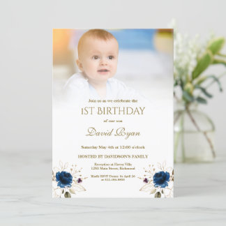 Whimsical Blue Gold Blume Foto Junge 1. Geburtstag Einladung